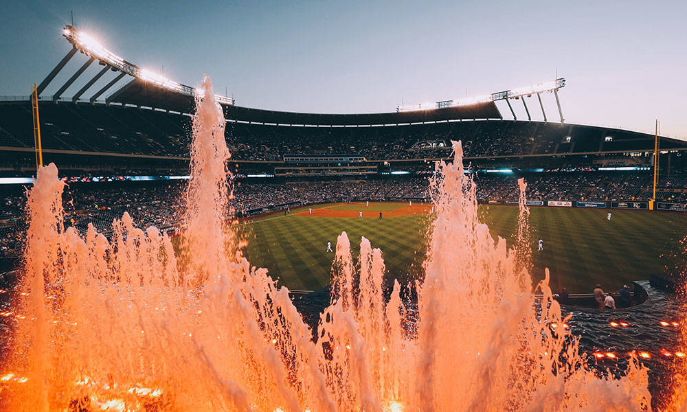 fountains in the outfield at kauffman stadium in kansas city, mo.