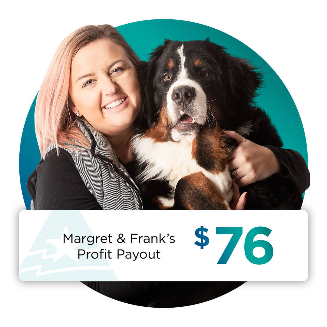 Photo of Margret and her dog Frank and their $76 Profit Payout