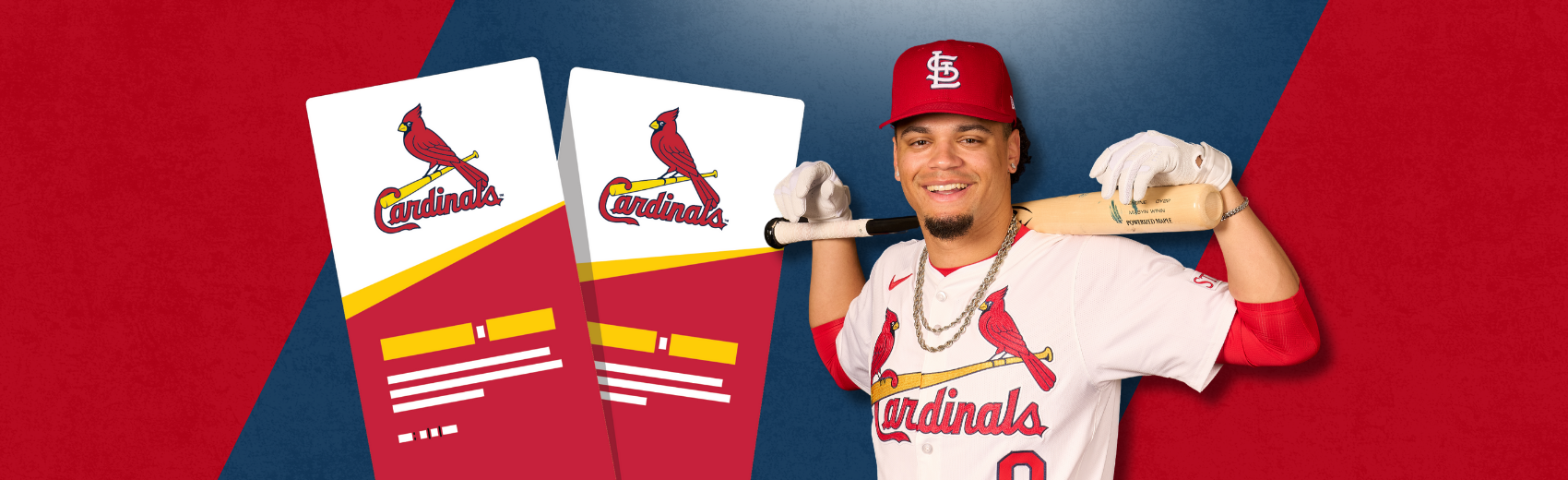 Two Cardinal Tickets and Masyn Winn Holding Baseball Bat on Shoulders